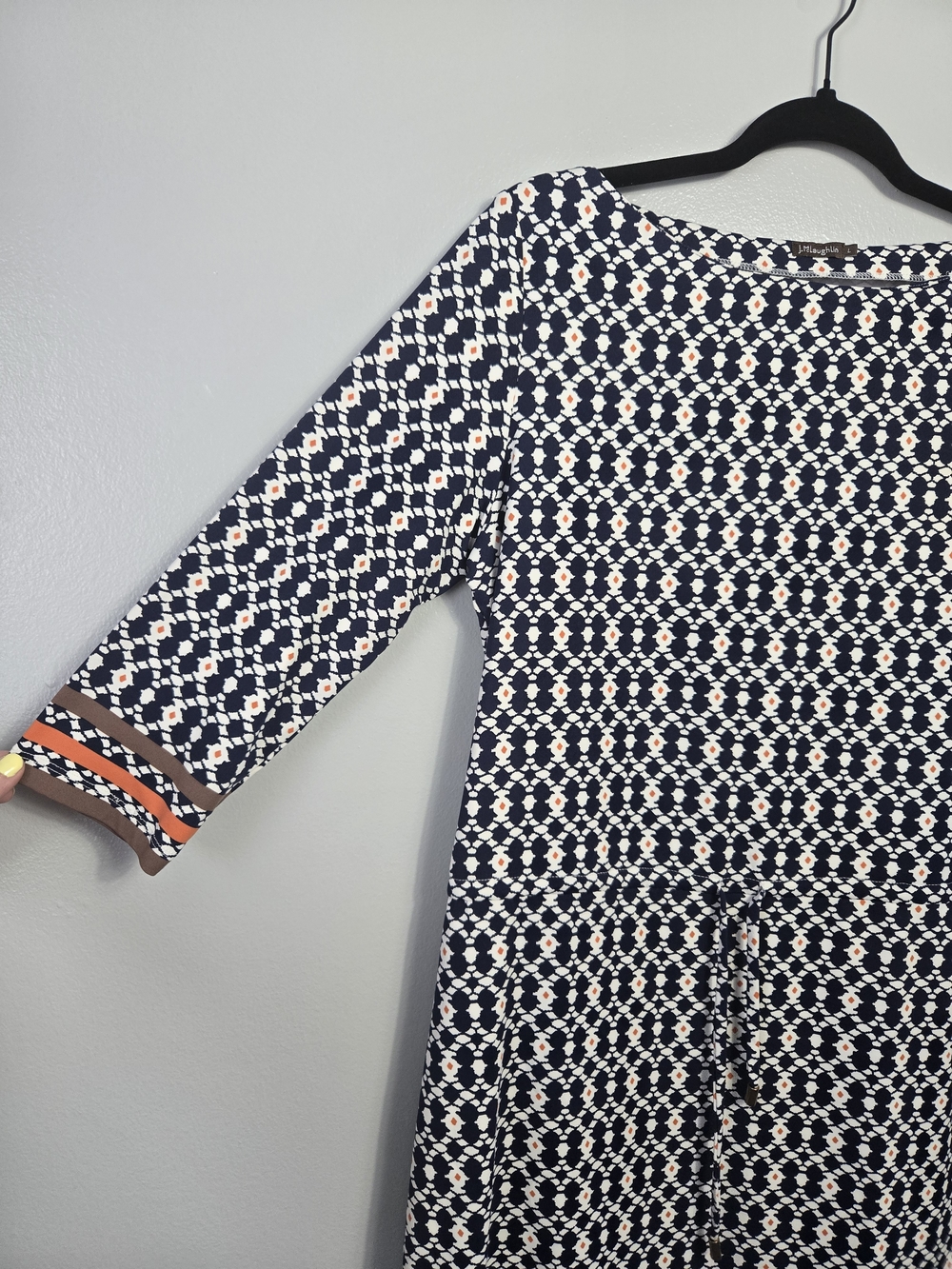 J.McLaughlin Catalina Cloth Navy Geometric 3/4 Sleeve Waist Tie Dress Size Large - Picture 3 of 7